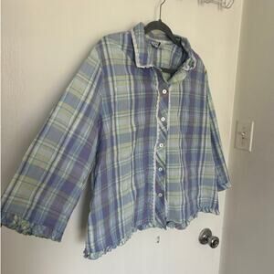 Vintage Plaid Oversized Button-Up Blouse Lace Ruffle
